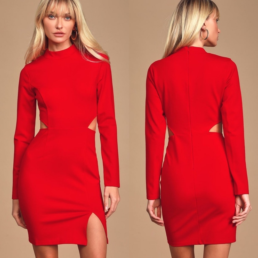 Lulus Awestruck Red Long Sleeve Cutout Dress